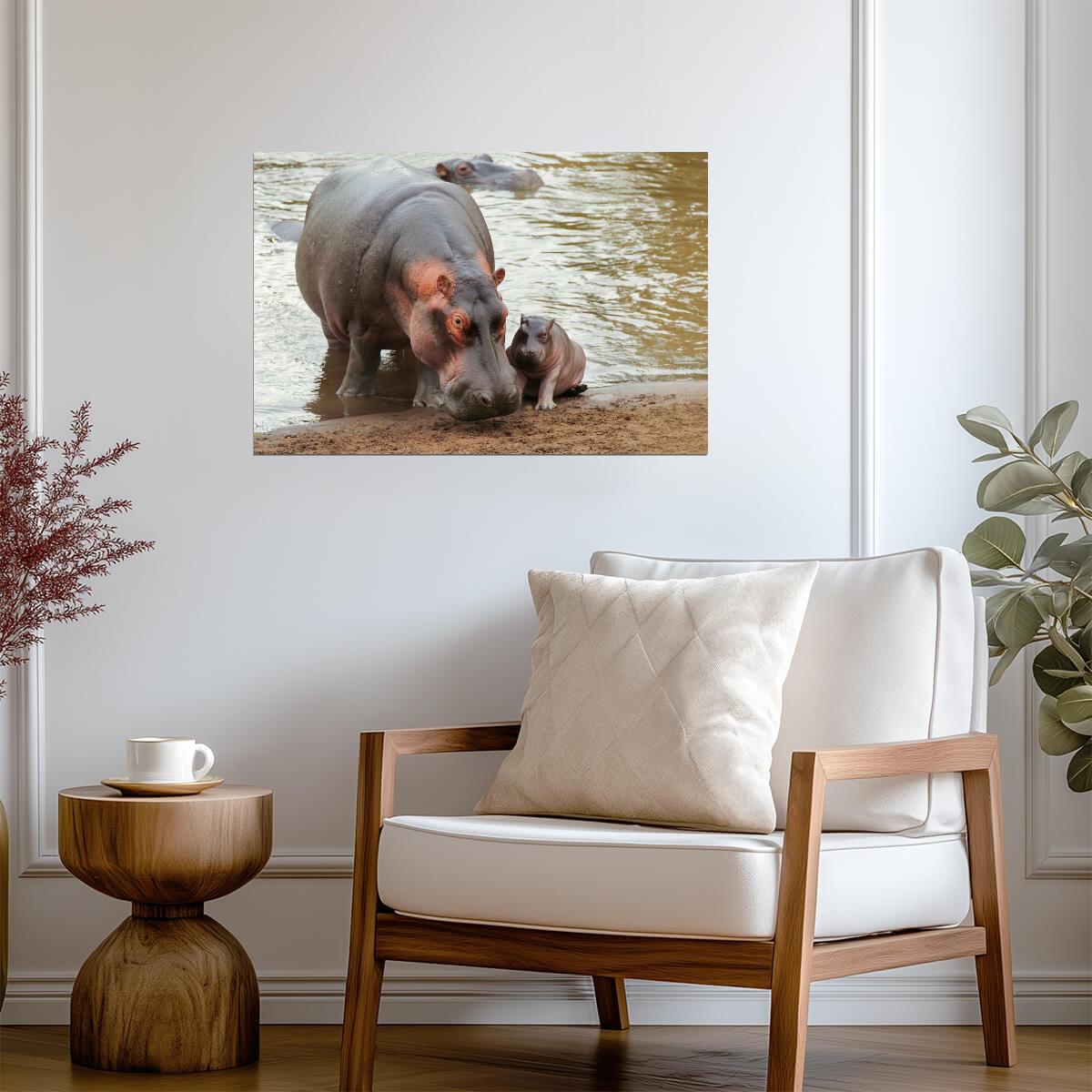 Mother Hippopotamus with Newborn Baby | Wildlife Photography | Animal Poster - Photography Poster