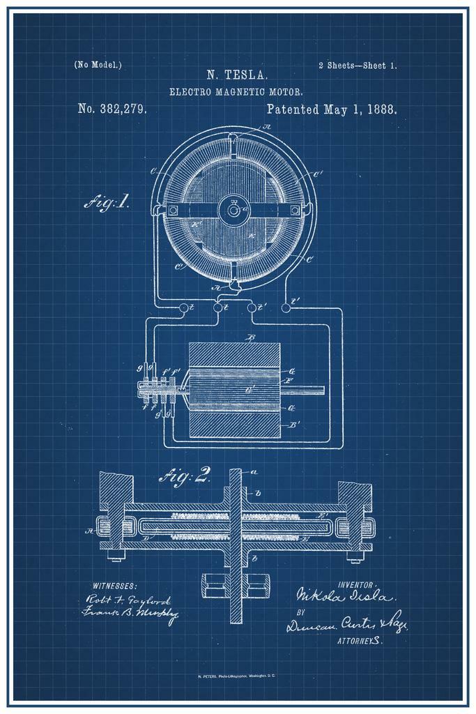 Nikola Tesla Electro Magnetic Motor Patent | 1888 Blueprint Poster | Science Wall Art - Vintage & Retro Poster