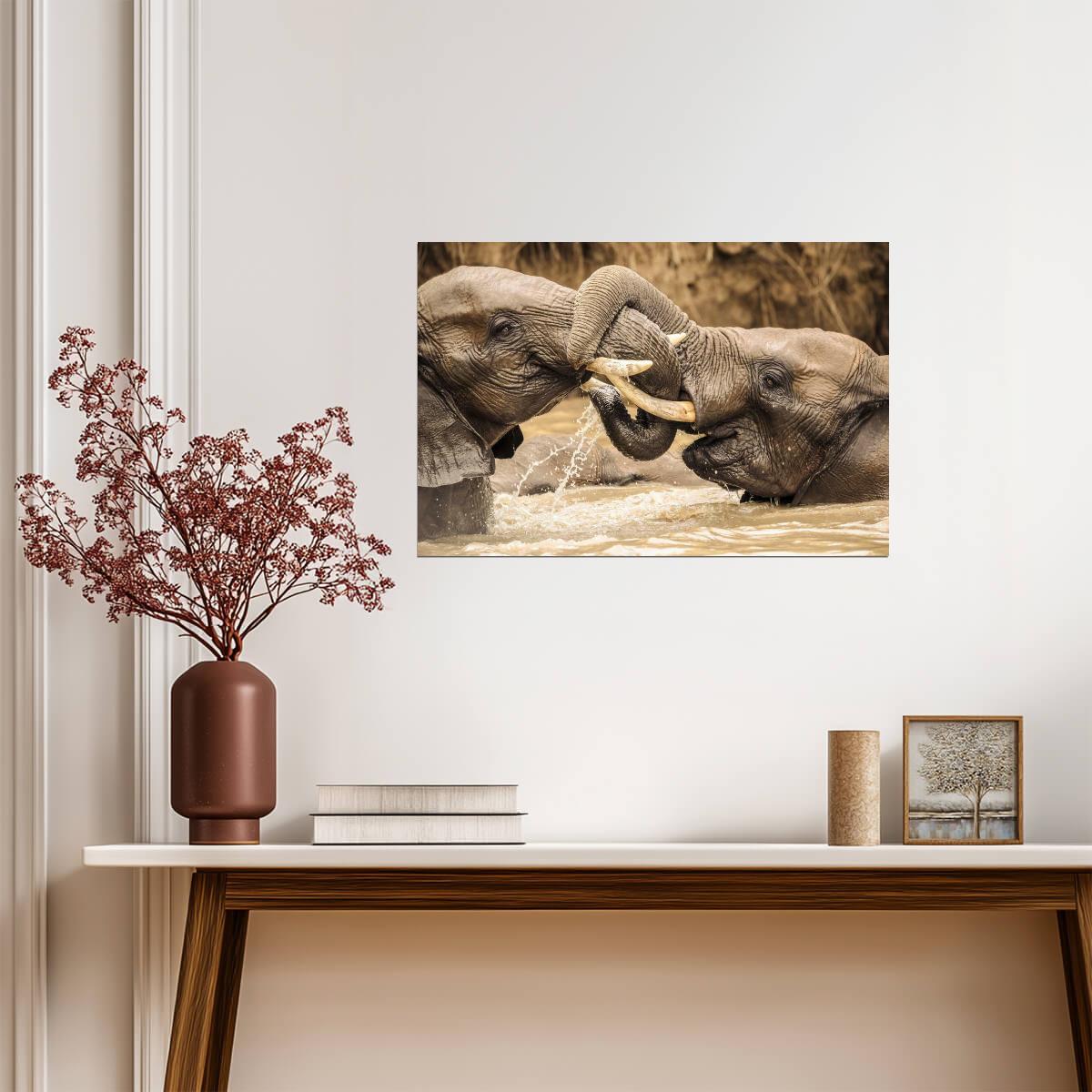 Young Elephants Wrestling | Wildlife Photography | Playful Animal Poster - Photography Poster