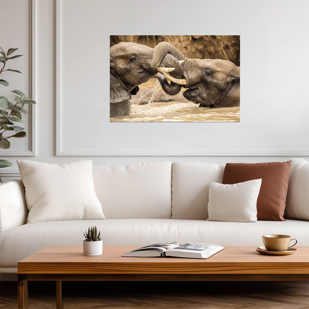 Young Elephants Wrestling | Wildlife Photography | Playful Animal Poster - Photography Poster