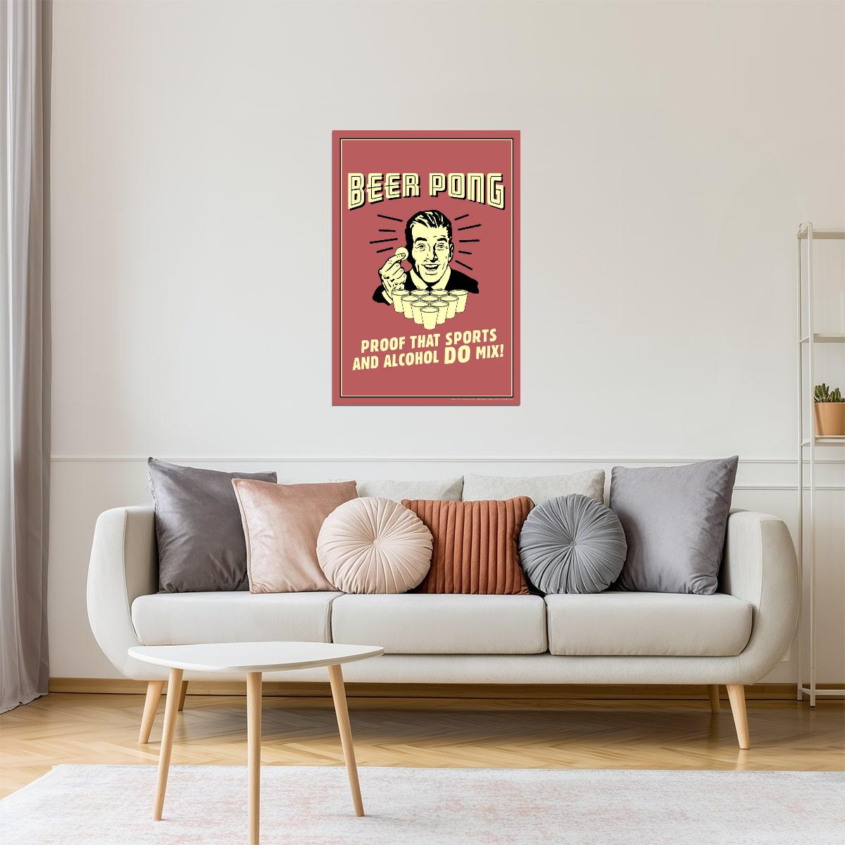 Beer Pong Sports and Alcohol Poster | Funny Retro Humor | Man Cave Wall Art