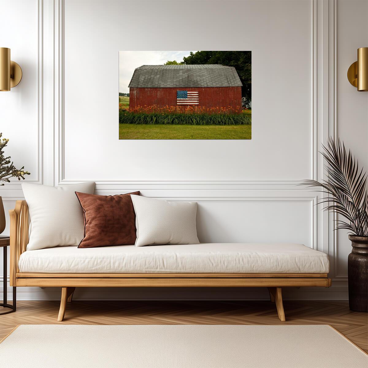 American Flag on a Rural Red Barn | Patriotic Photography | Americana Poster - Photography Poster