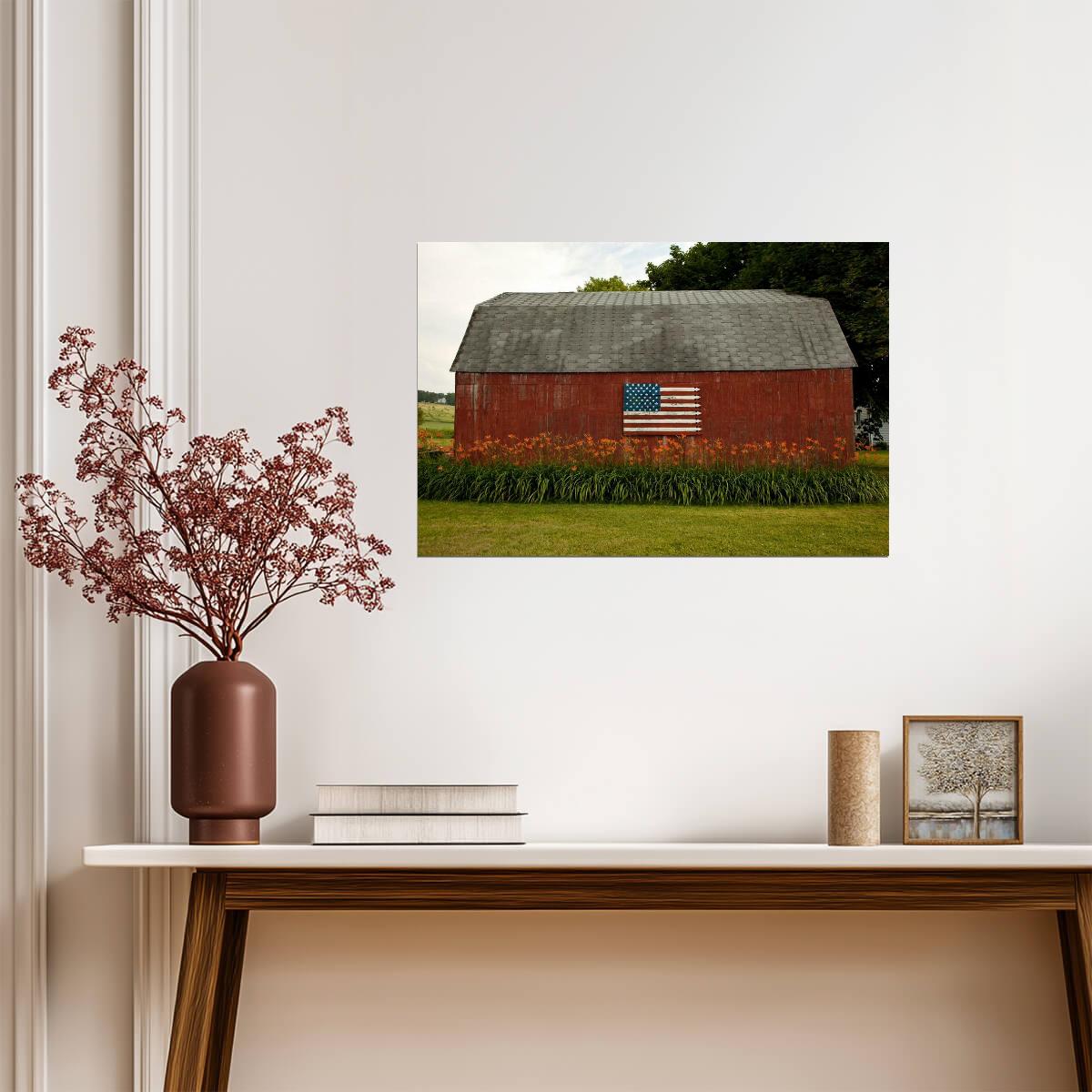 American Flag on a Rural Red Barn | Patriotic Photography | Americana Poster - Photography Poster
