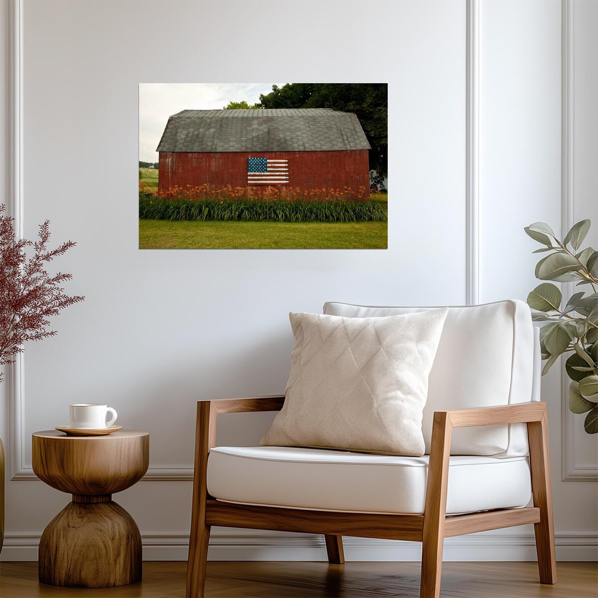 American Flag on a Rural Red Barn | Patriotic Photography | Americana Poster - Photography Poster