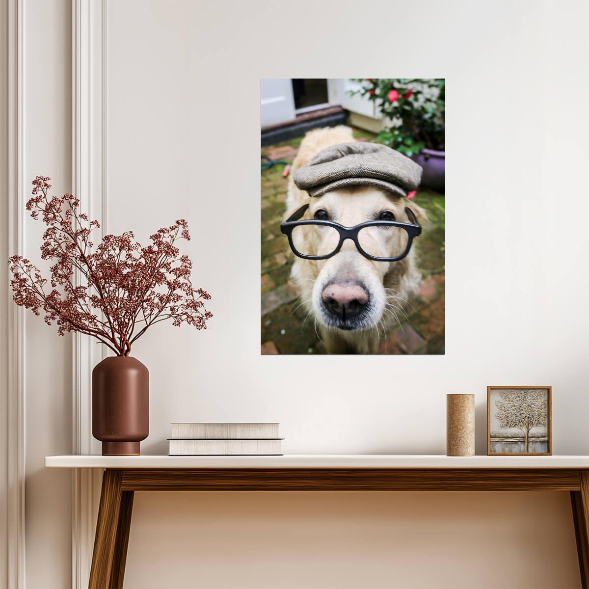 Dog Wearing a Flat Cap and Glasses | Funny Animal Photography | Humorous Pet Poster - Photography Poster