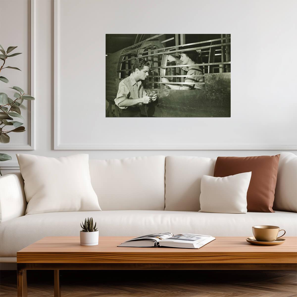 Man and Woman in an Airplane Factory | WWII Era Black and White Photo | Historical Poster - Vintage & Retro Poster