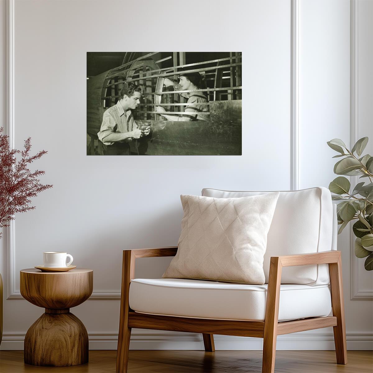 Man and Woman in an Airplane Factory | WWII Era Black and White Photo | Historical Poster - Vintage & Retro Poster