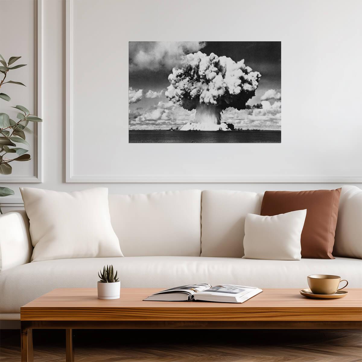 Nuclear Bomb Explosion Baker Day Test | Historical Black and White Photo | Cold War Poster - Vintage & Retro Poster