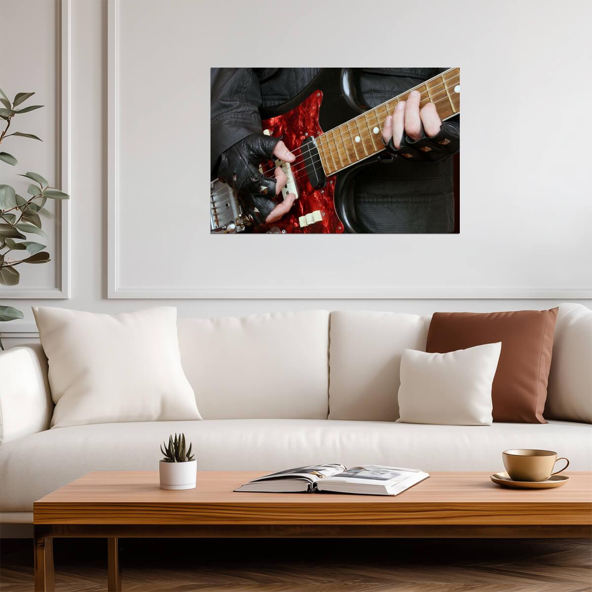 Guitarist Playing Red Electric Guitar | Rock Music Photography Poster | Close-Up Frets Wall Art - Music Poster