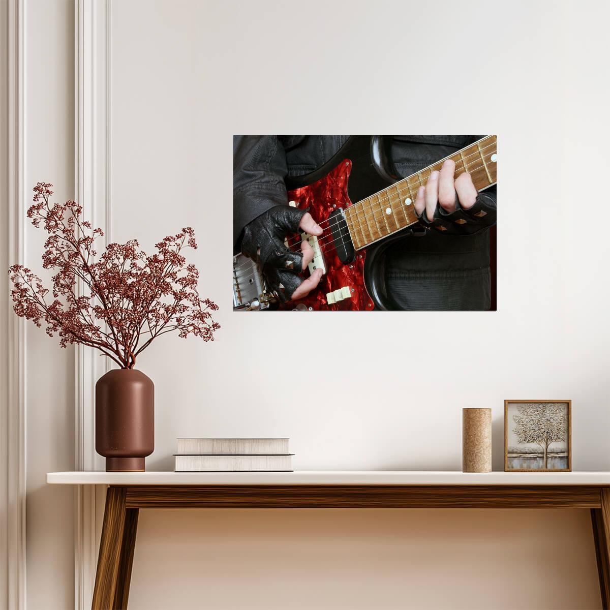Guitarist Playing Red Electric Guitar | Rock Music Photography Poster | Close-Up Frets Wall Art - Music Poster