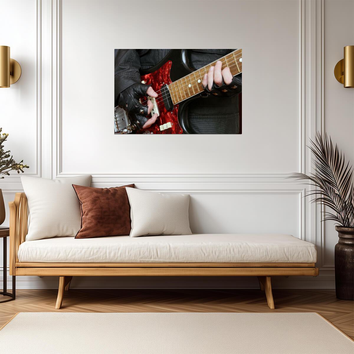 Guitarist Playing Red Electric Guitar | Rock Music Photography Poster | Close-Up Frets Wall Art - Music Poster