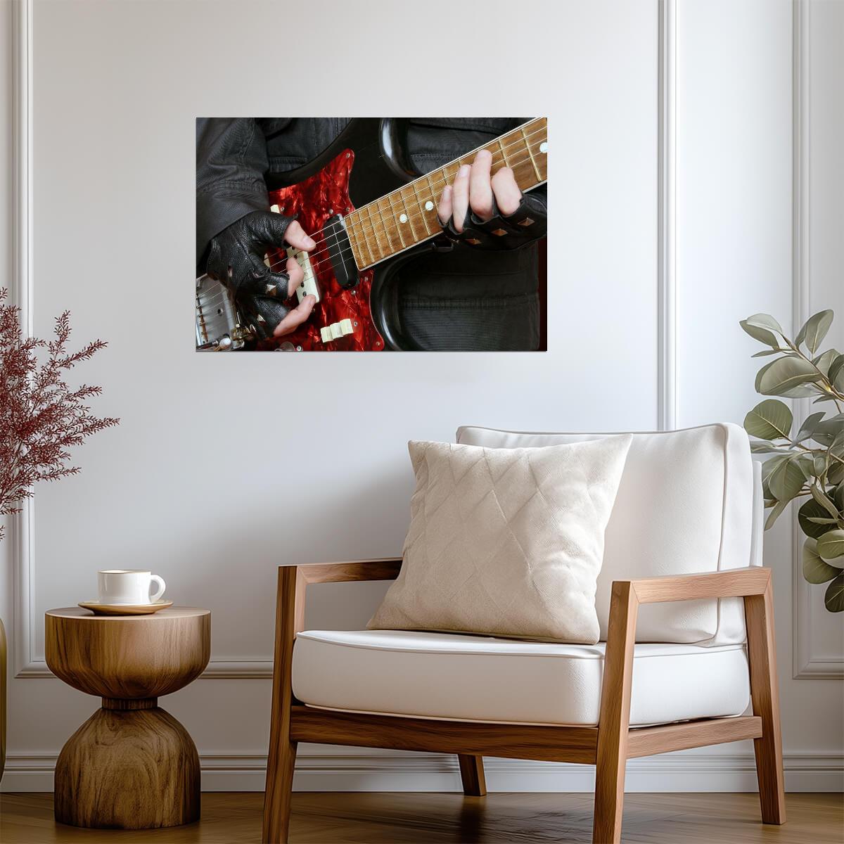 Guitarist Playing Red Electric Guitar | Rock Music Photography Poster | Close-Up Frets Wall Art - Music Poster