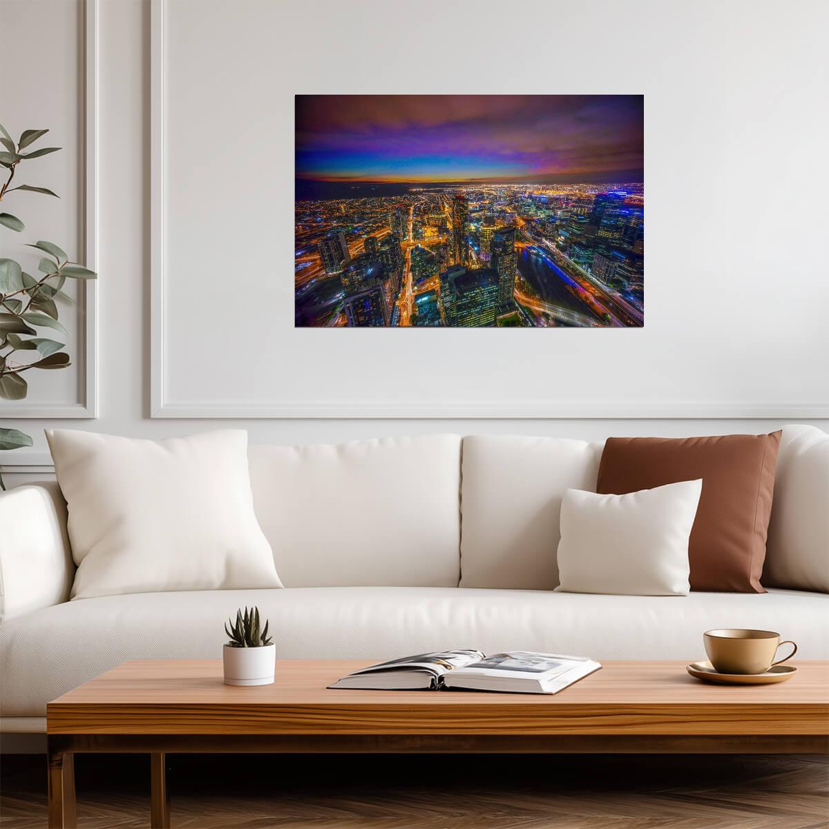 Aerial View of Melbourne Australia at Dusk | Blue Hour Cityscape Photography | Urban Poster - Photography Poster