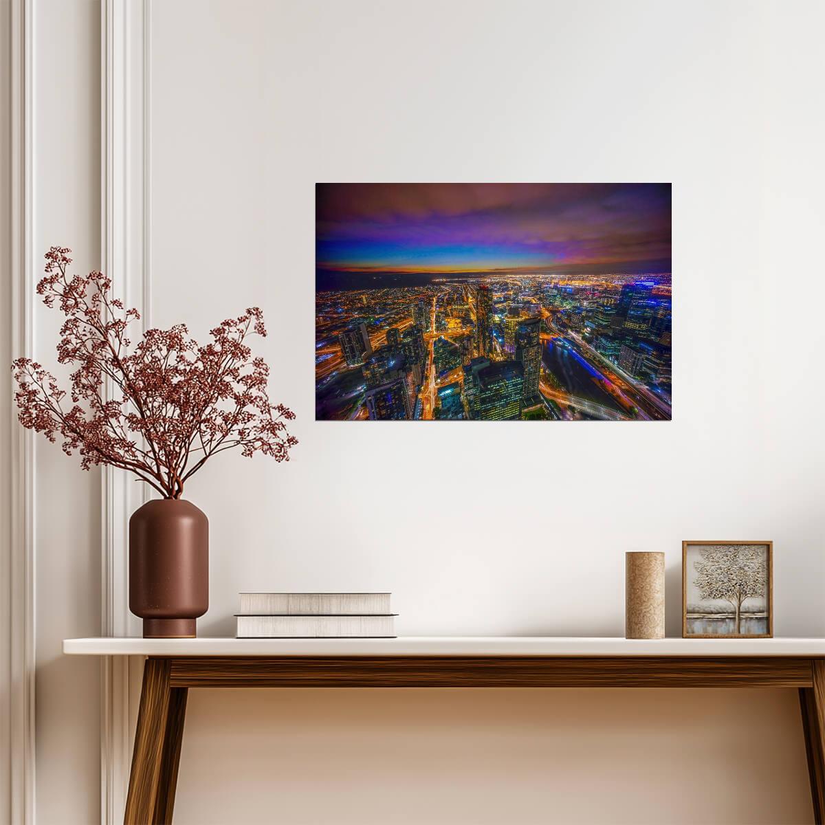 Aerial View of Melbourne Australia at Dusk | Blue Hour Cityscape Photography | Urban Poster - Photography Poster