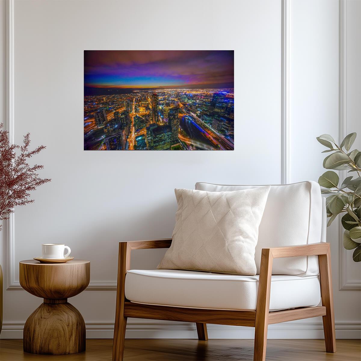 Aerial View of Melbourne Australia at Dusk | Blue Hour Cityscape Photography | Urban Poster - Photography Poster