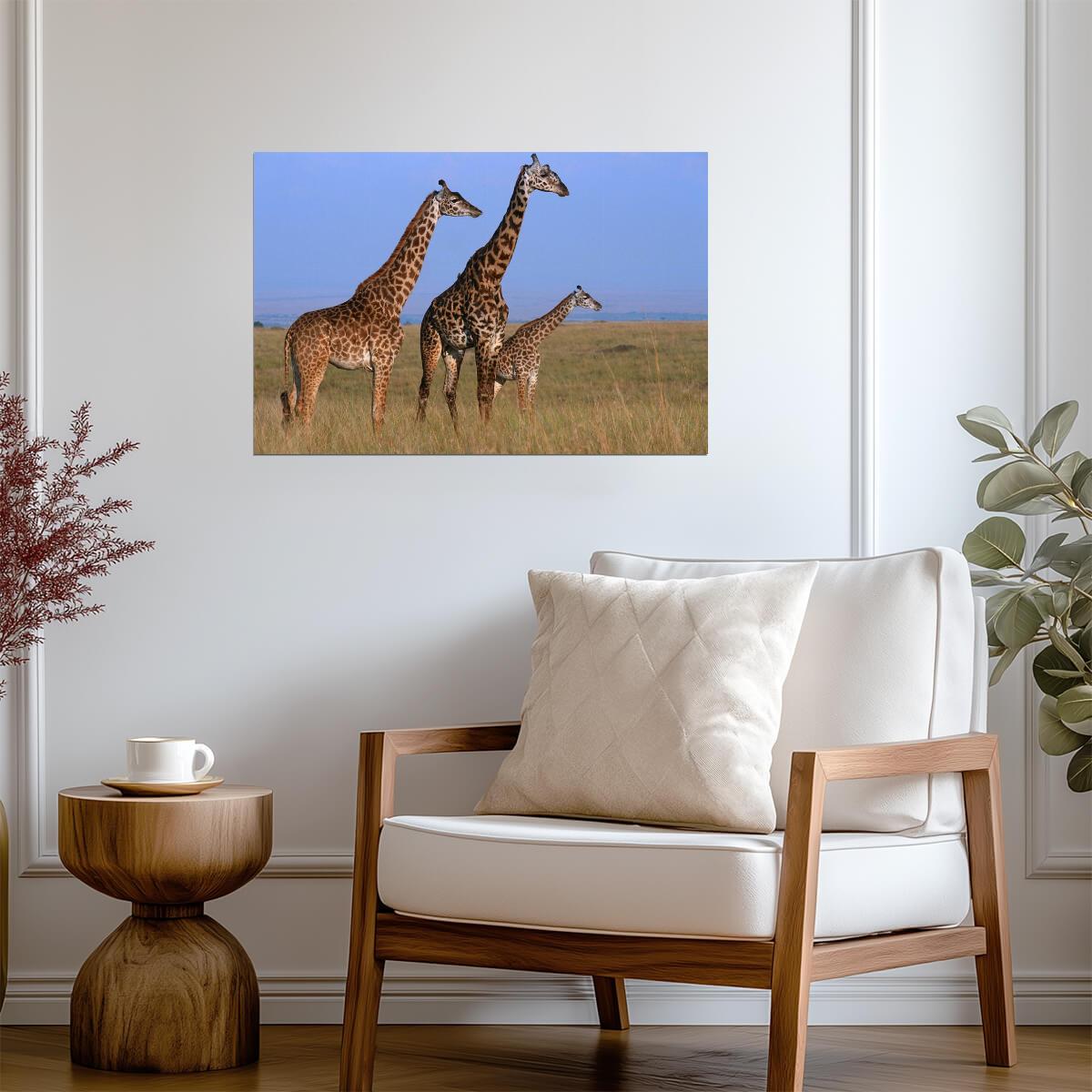 Three Giraffes in the Masai Mara Grassland | African Safari Photography | Wildlife Poster - Photography Poster