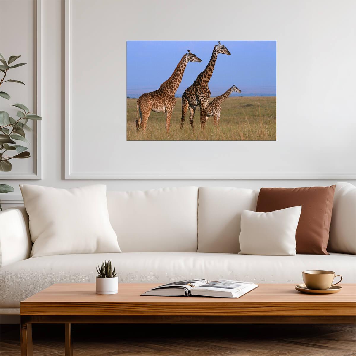Three Giraffes in the Masai Mara Grassland | African Safari Photography | Wildlife Poster - Photography Poster
