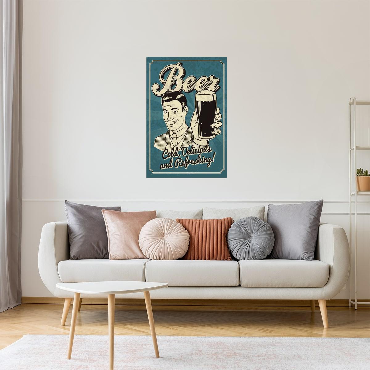 Cold Delicious Refreshing Beer Poster | Retro Style Sign | Bar Wall Art