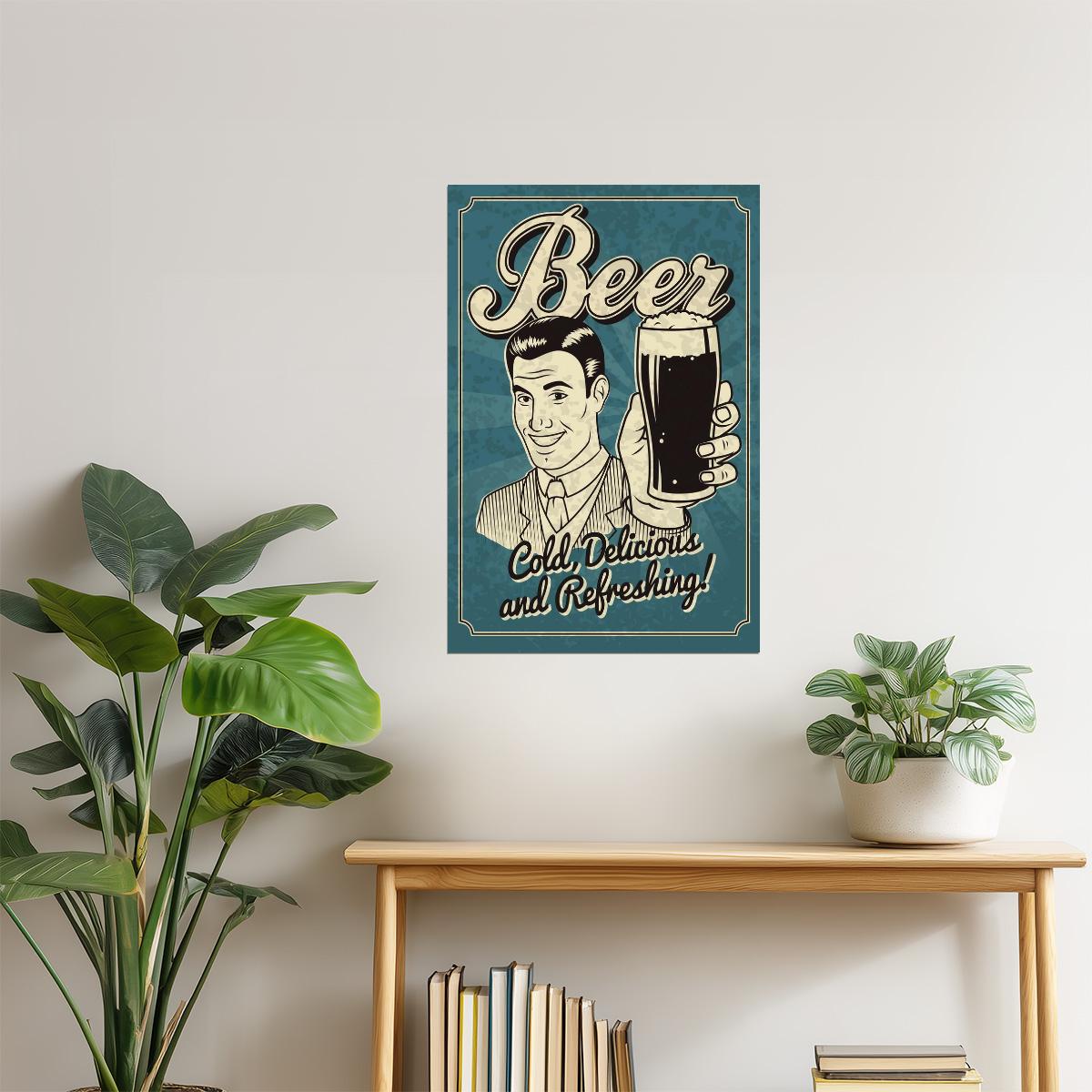 Cold Delicious Refreshing Beer Poster | Retro Style Sign | Bar Wall Art