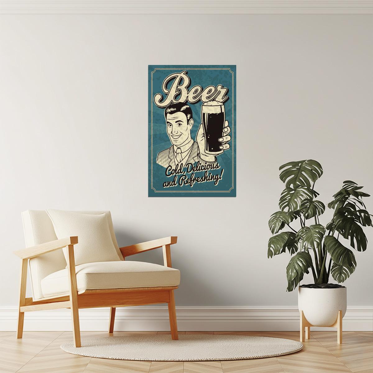 Cold Delicious Refreshing Beer Poster | Retro Style Sign | Bar Wall Art