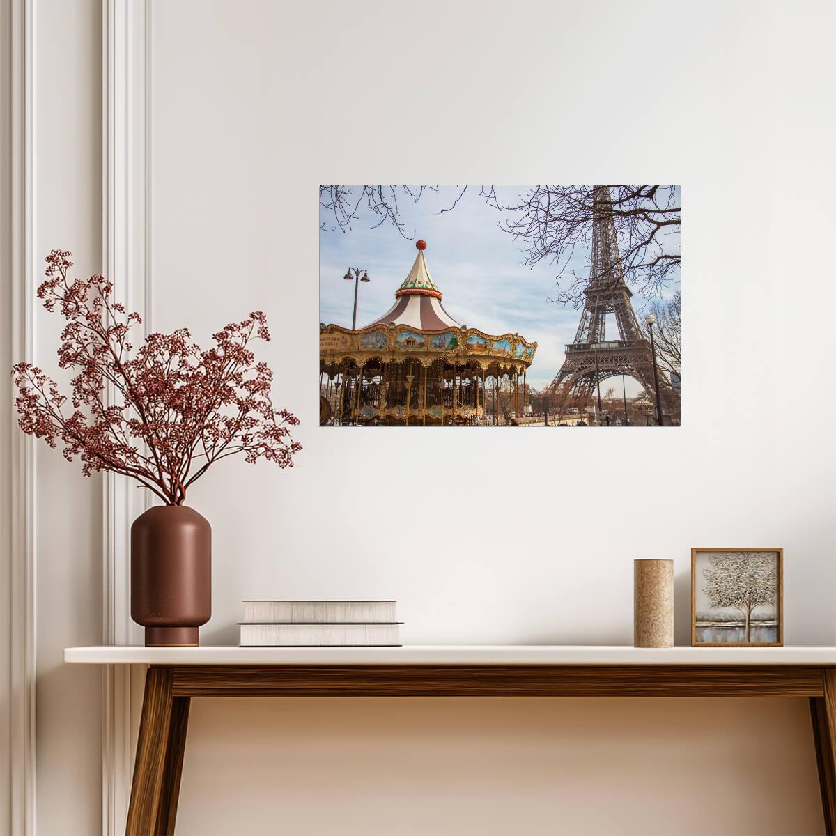 Eiffel Tower and Carousel Merry-Go-Round | Paris France Photography | City Landmark Poster - Photography Poster