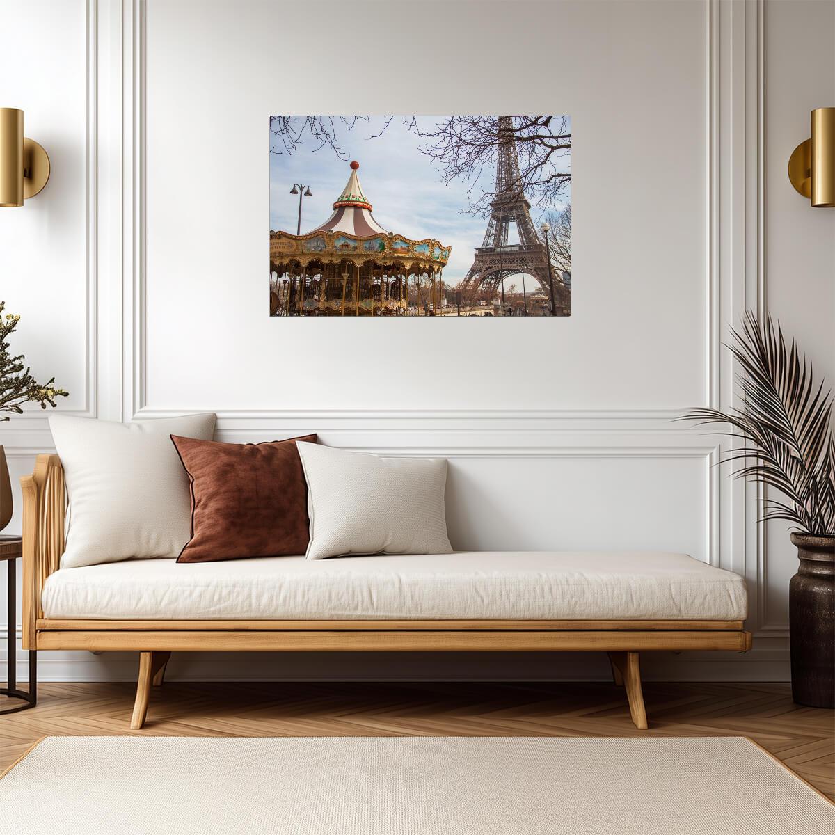 Eiffel Tower and Carousel Merry-Go-Round | Paris France Photography | City Landmark Poster - Photography Poster