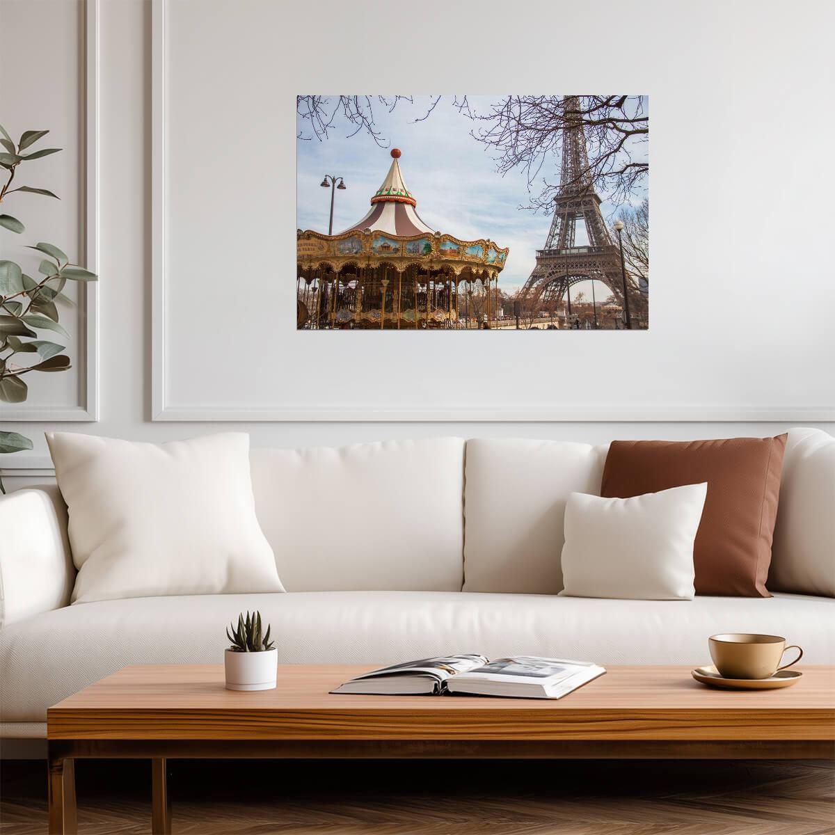Eiffel Tower and Carousel Merry-Go-Round | Paris France Photography | City Landmark Poster - Photography Poster