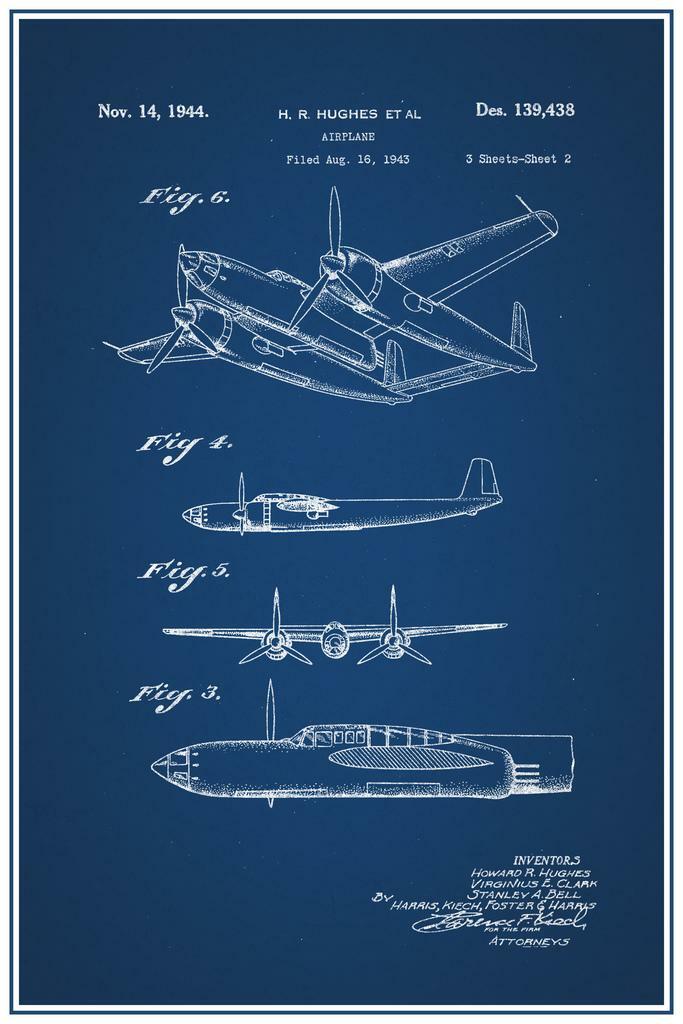 Howard Hughes Flying Boat Patent | H-4 Hercules Blueprint | Aviation History Poster - Vintage & Retro Poster