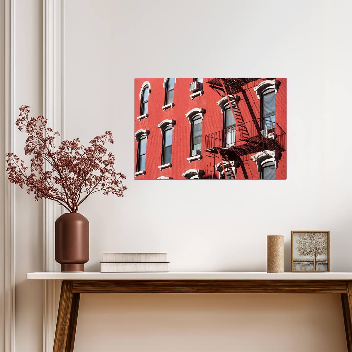 Red Building Facade with Fire Escape | New York Architecture Photography | Urban Poster - Photography Poster