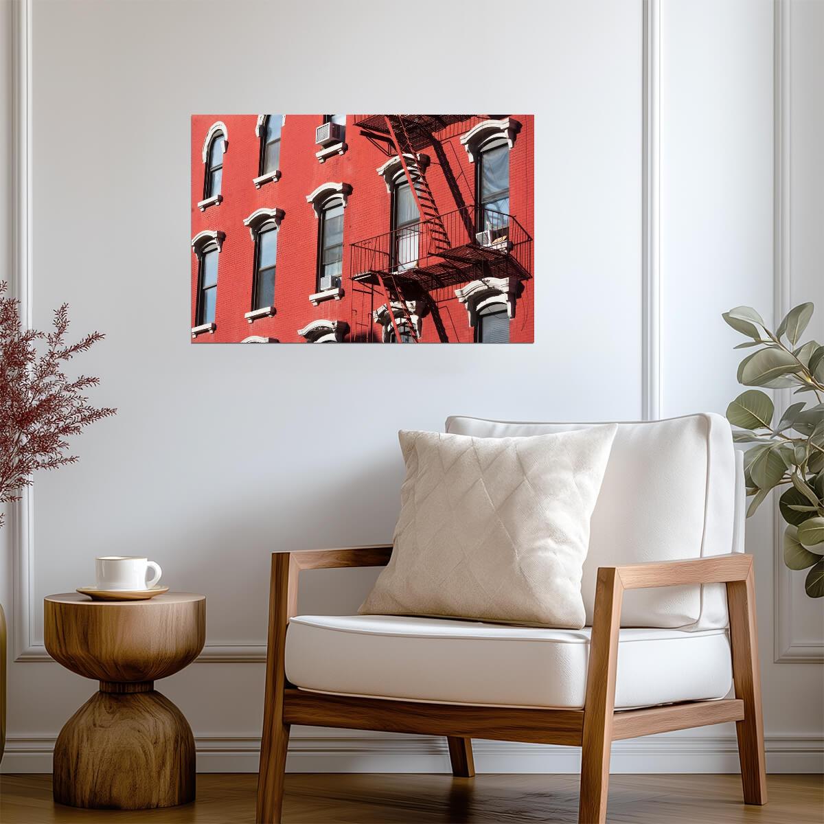 Red Building Facade with Fire Escape | New York Architecture Photography | Urban Poster - Photography Poster
