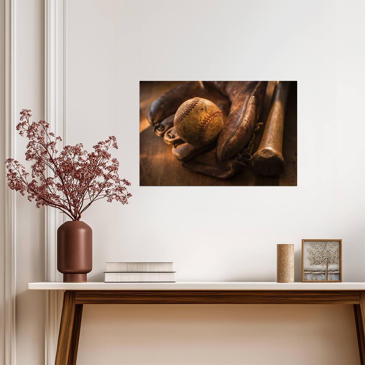 Vintage Baseball Glove and Bat | Retro Sports Photography | Nostalgic Wall Art Poster - Sports Poster