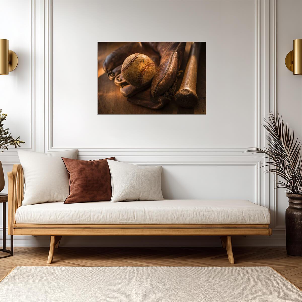 Vintage Baseball Glove and Bat | Retro Sports Photography | Nostalgic Wall Art Poster - Sports Poster
