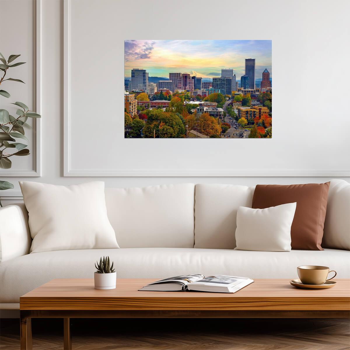 Downtown Portland Oregon Skyline in the Fall | Cityscape Photography | Autumn Poster - Photography Poster