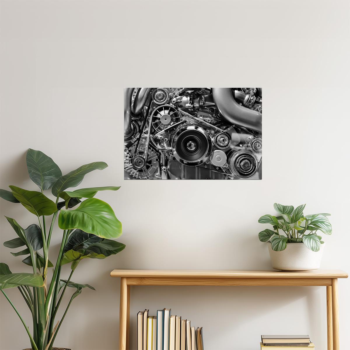 Monochrome Car Engine Poster | Automotive Photography | Mechanic & Garage Wall Art