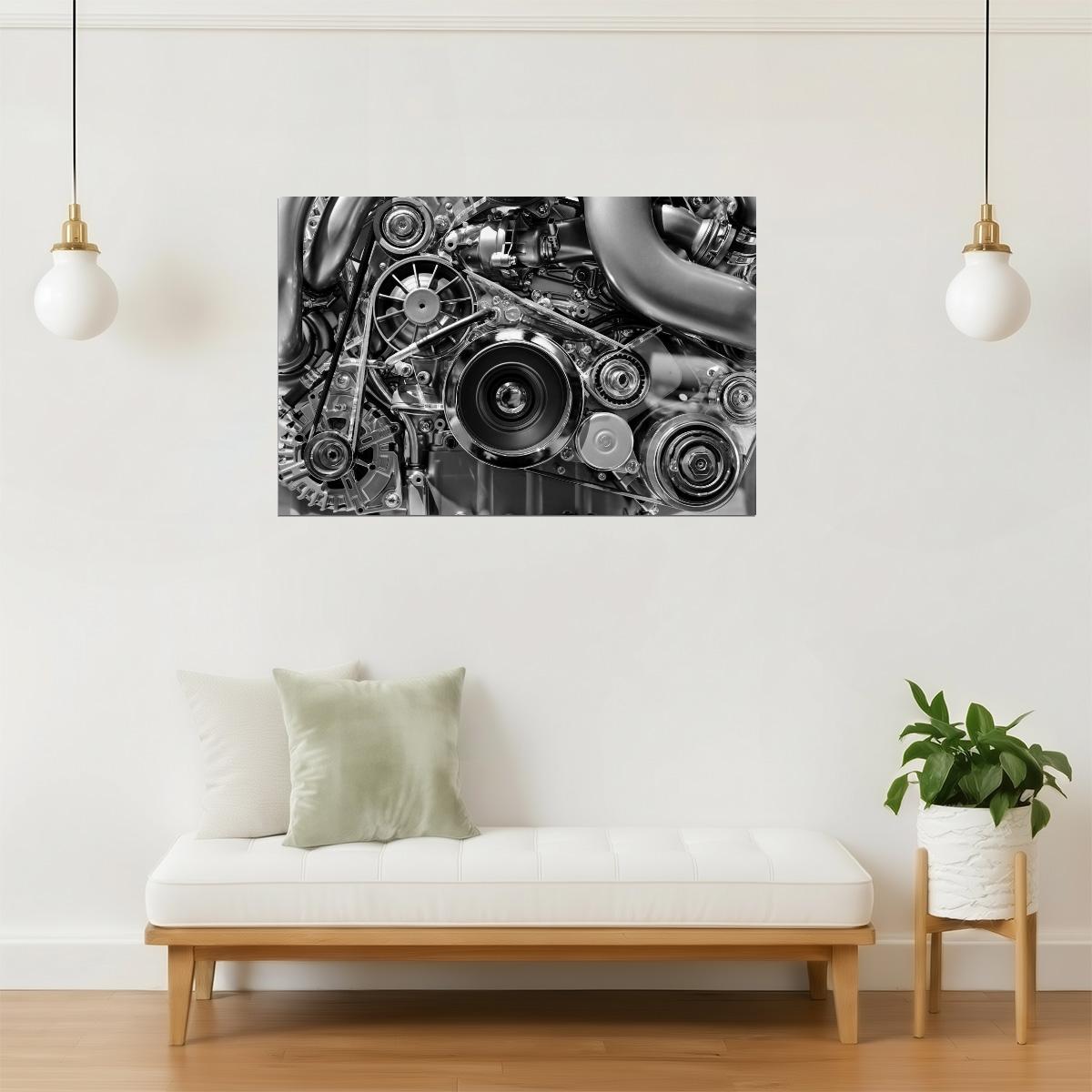 Monochrome Car Engine Poster | Automotive Photography | Mechanic & Garage Wall Art