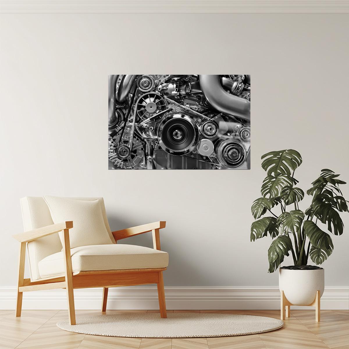 Monochrome Car Engine Poster | Automotive Photography | Mechanic & Garage Wall Art