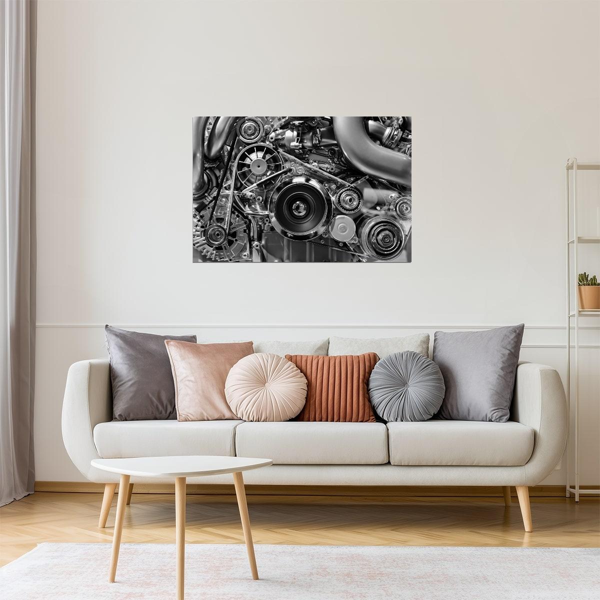 Monochrome Car Engine Poster | Automotive Photography | Mechanic & Garage Wall Art