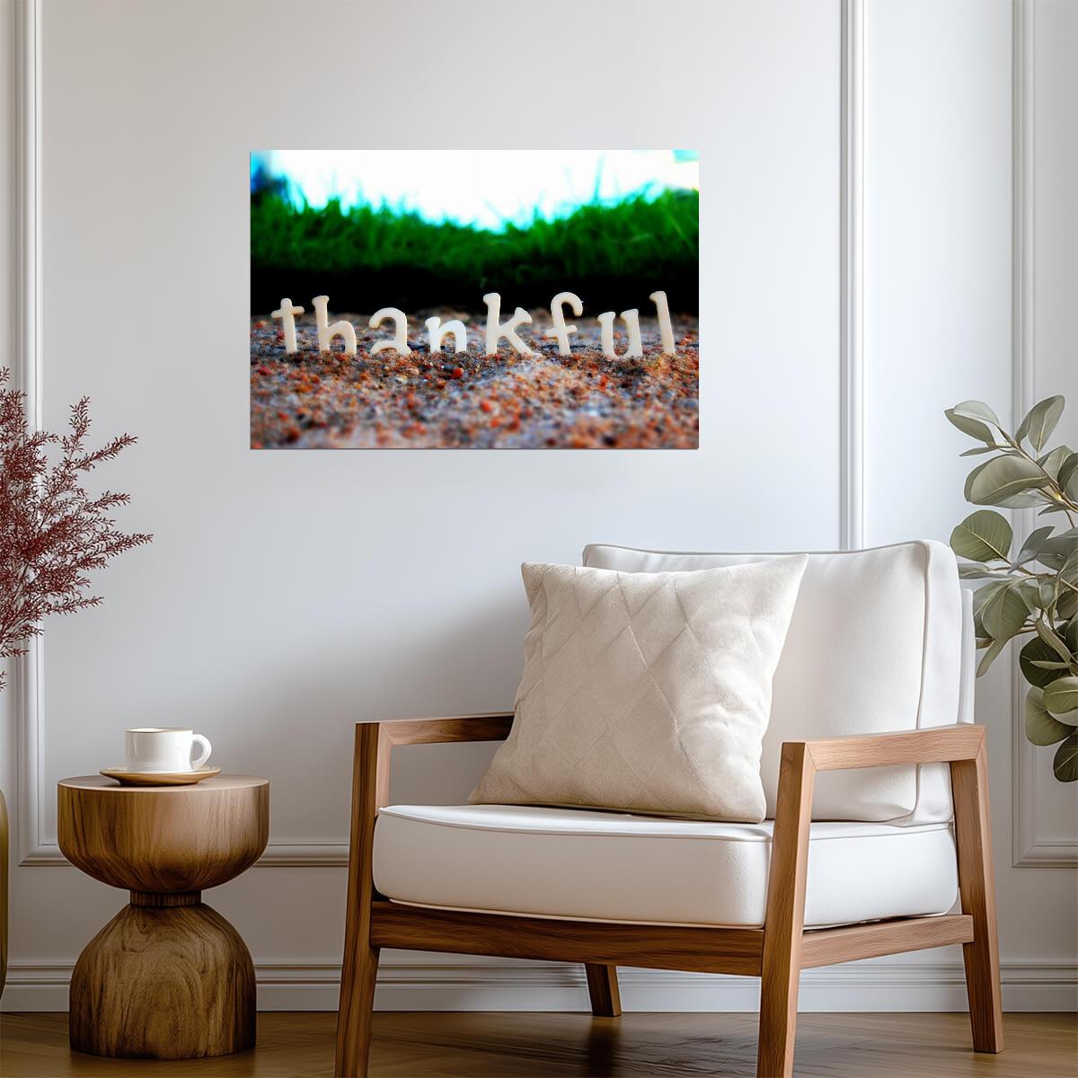 The Word "Thankful" Written in Sand | Inspirational Photography | Beach Poster - Photography Poster