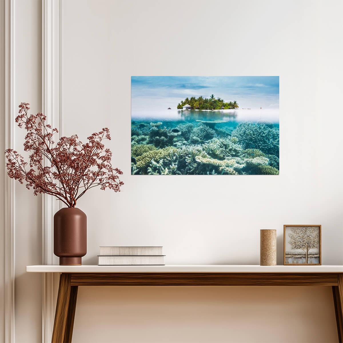 Maldives Half-Underwater View | Tropical Photography Print | Ocean Life Poster - Photography Poster