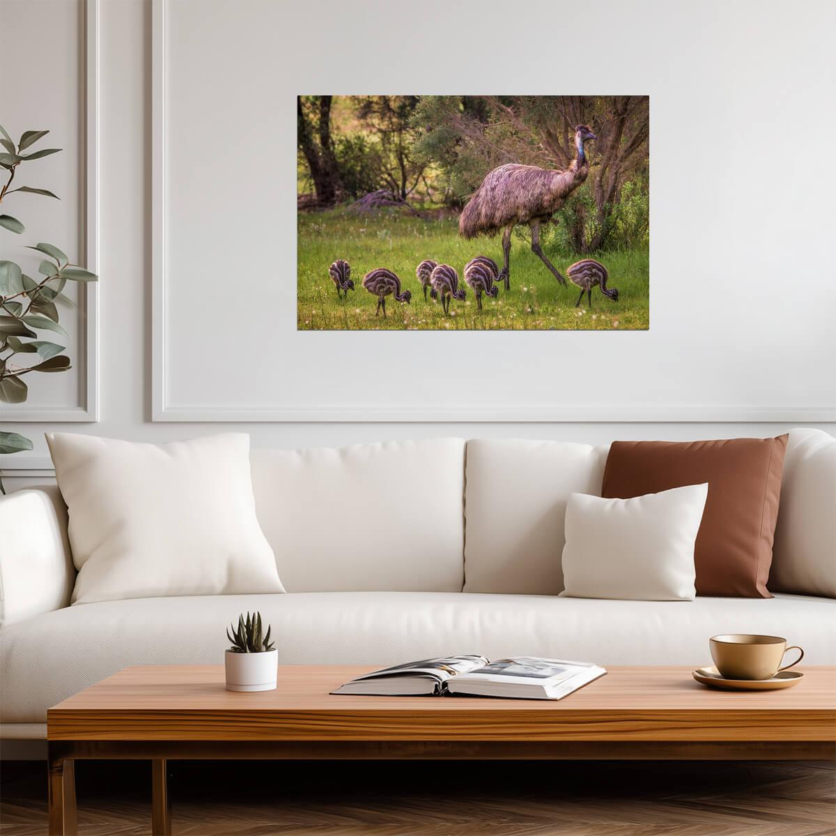 Emu with Seven Babies | Australian Wildlife Photography | Bird Poster - Photography Poster