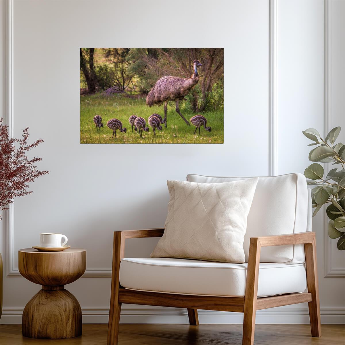 Emu with Seven Babies | Australian Wildlife Photography | Bird Poster - Photography Poster
