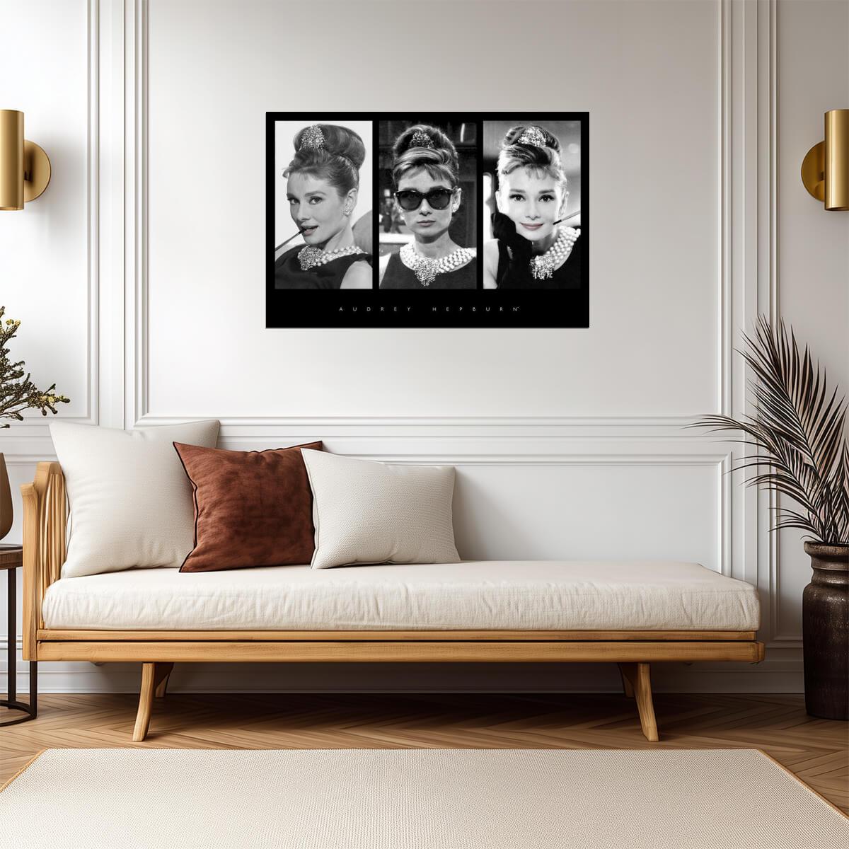 Audrey Hepburn Triptych | Classic Movie Poster | Black and White Portrait Art