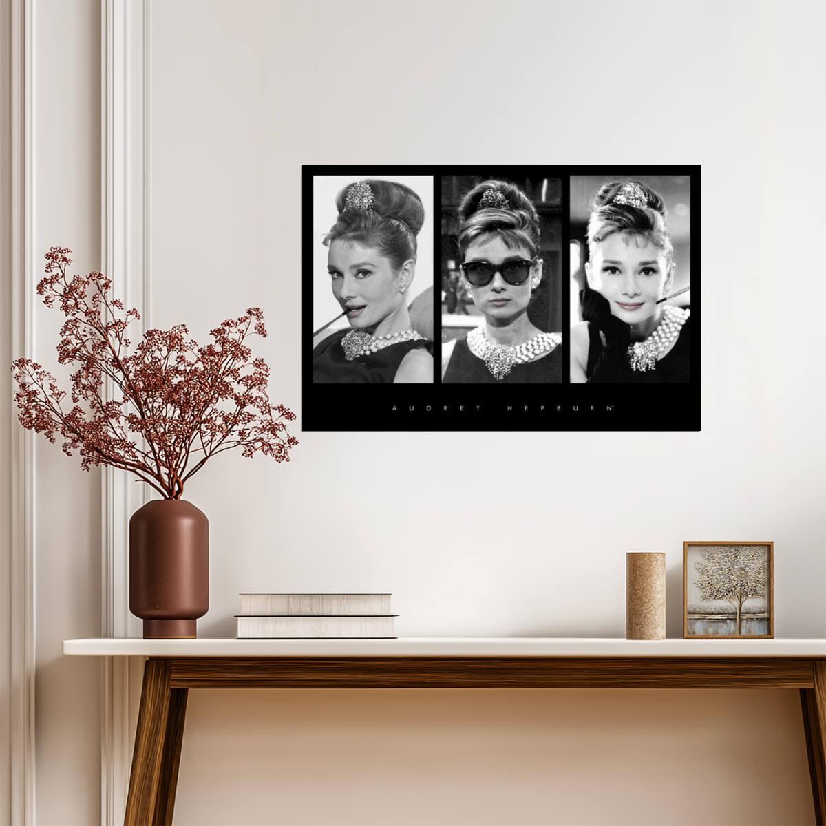 Audrey Hepburn Triptych | Classic Movie Poster | Black and White Portrait Art