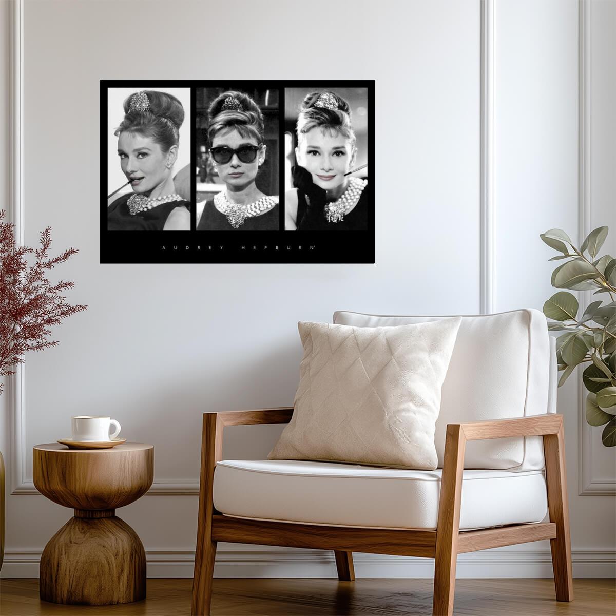 Audrey Hepburn Triptych | Classic Movie Poster | Black and White Portrait Art