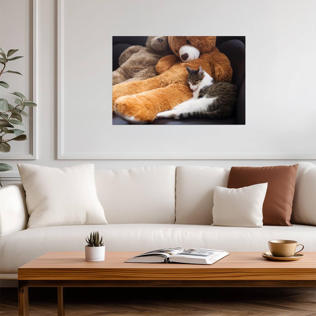 Sweet Cat Sleeping Near a Teddy Bear | Cute Animal Photography | Pet Poster - Photography Poster