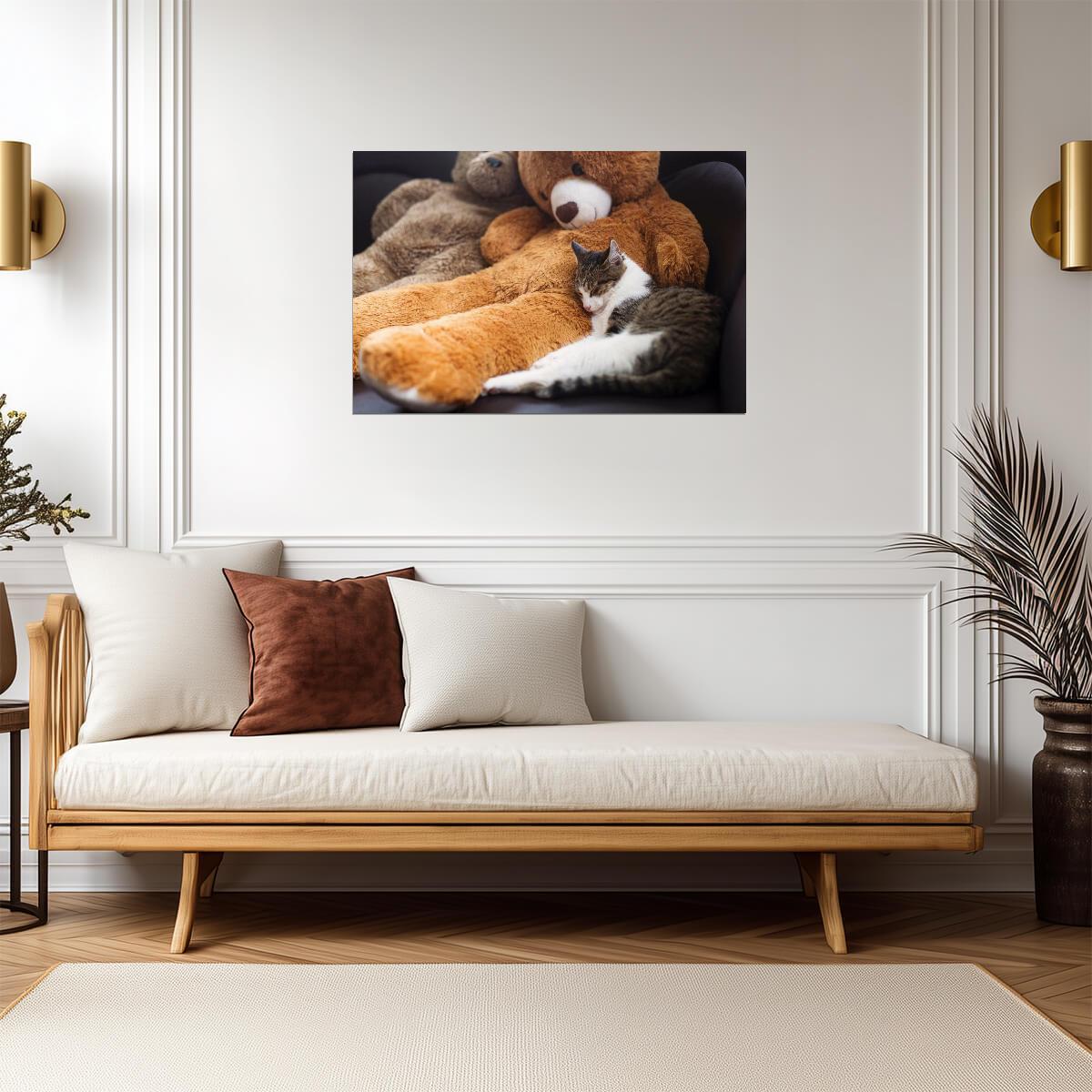 Sweet Cat Sleeping Near a Teddy Bear | Cute Animal Photography | Pet Poster - Photography Poster