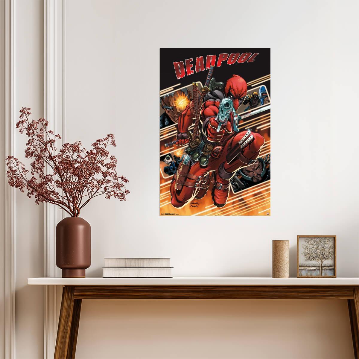 Deadpool in Action with Gun | Comic Book Art | Superhero Poster - Graphic & Art Poster