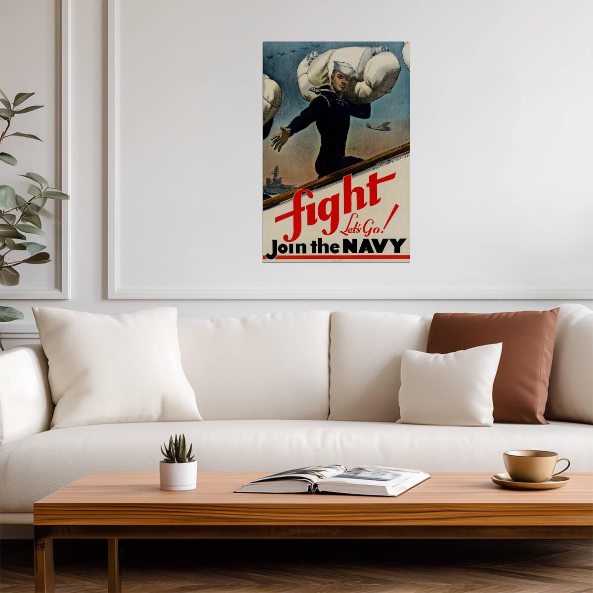 "Fight! Let's Go, Join the Navy" | WWII Recruitment Poster | Vintage Naval Propaganda - Vintage & Retro Poster
