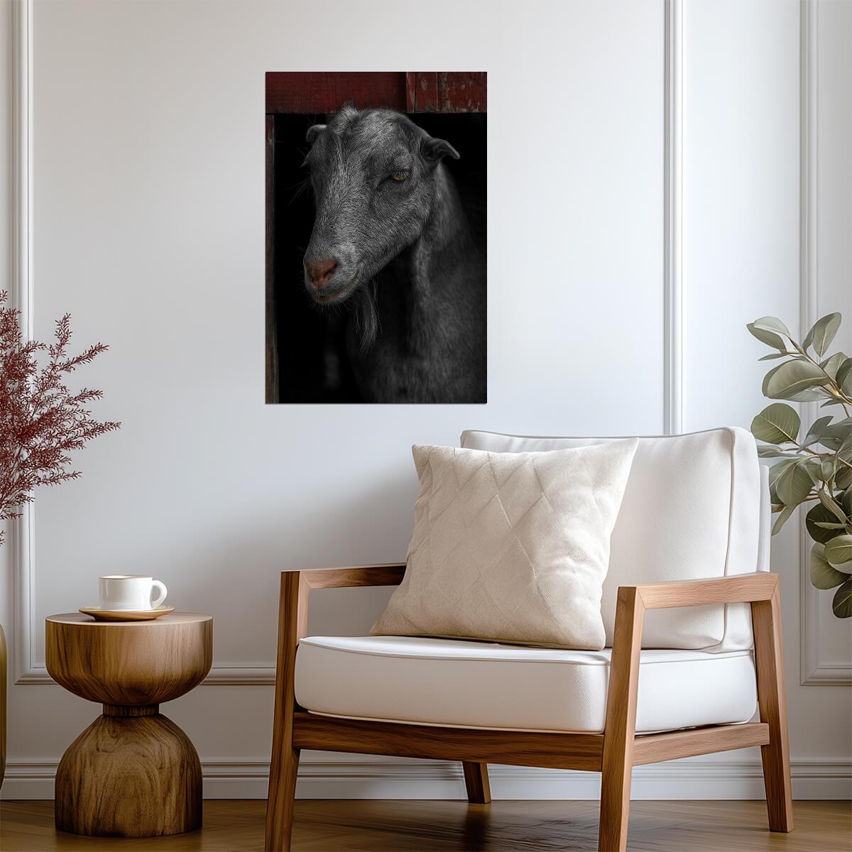 Goat in a Red Barn Portrait | Farm Animal Photography | Rustic Decor Poster - Photography Poster