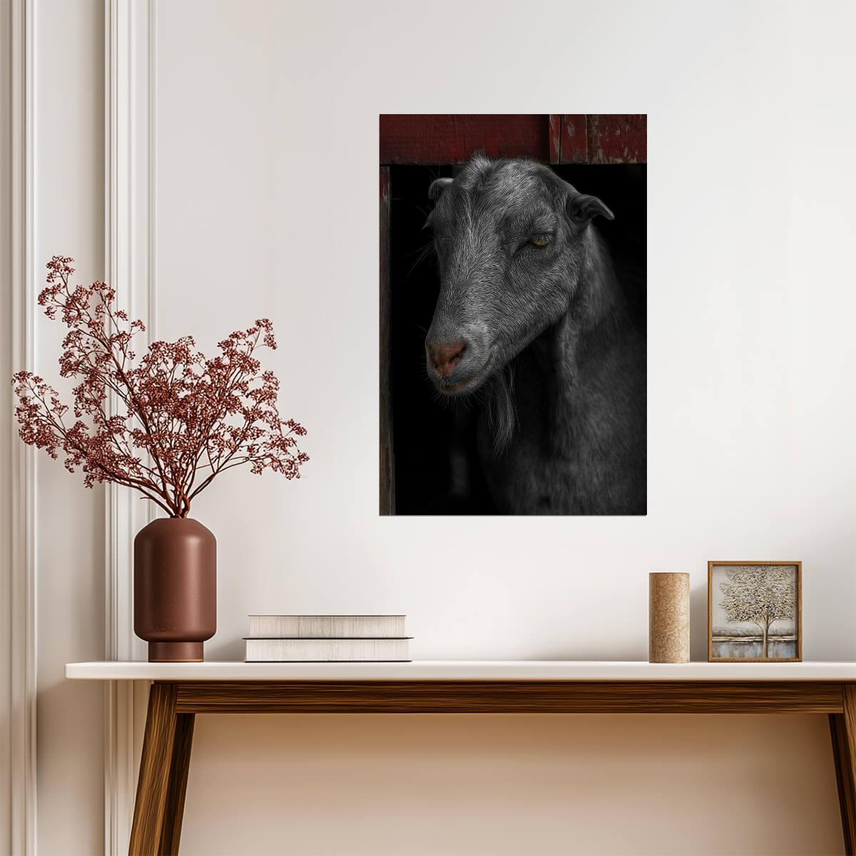 Goat in a Red Barn Portrait | Farm Animal Photography | Rustic Decor Poster - Photography Poster